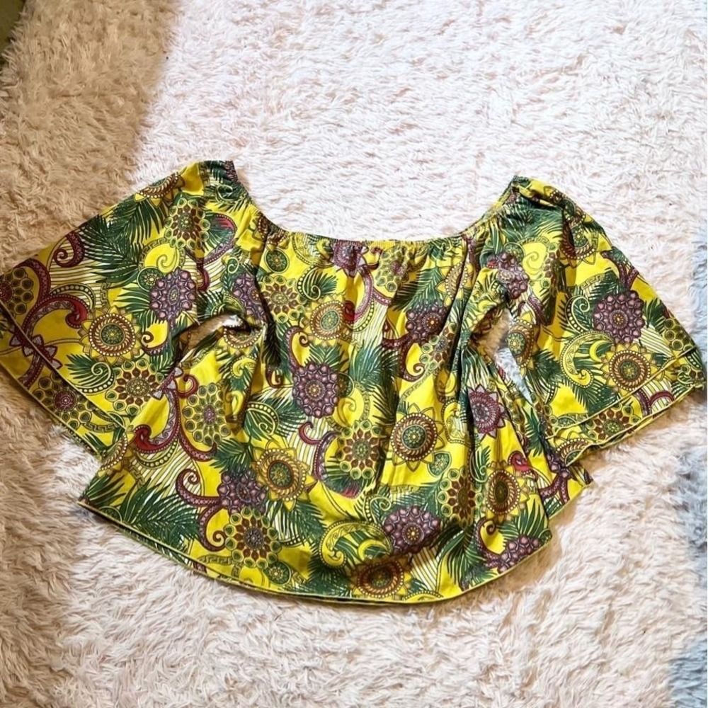 Retro Botanical Tropical Floral Layered Off Shoulder Crop Top Womens 2x Quirky